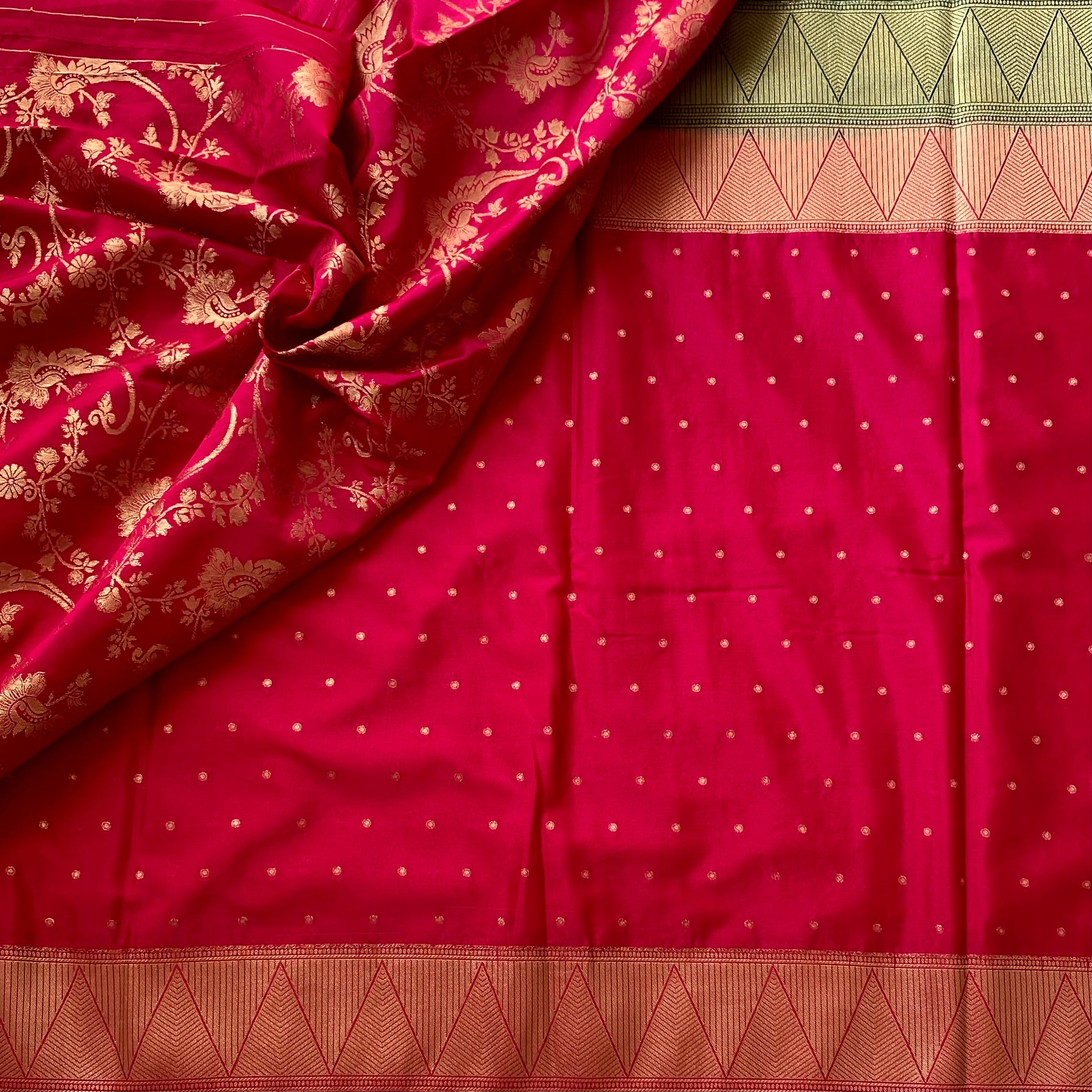 Half n half Bottle green with rani pink soft crepe silk