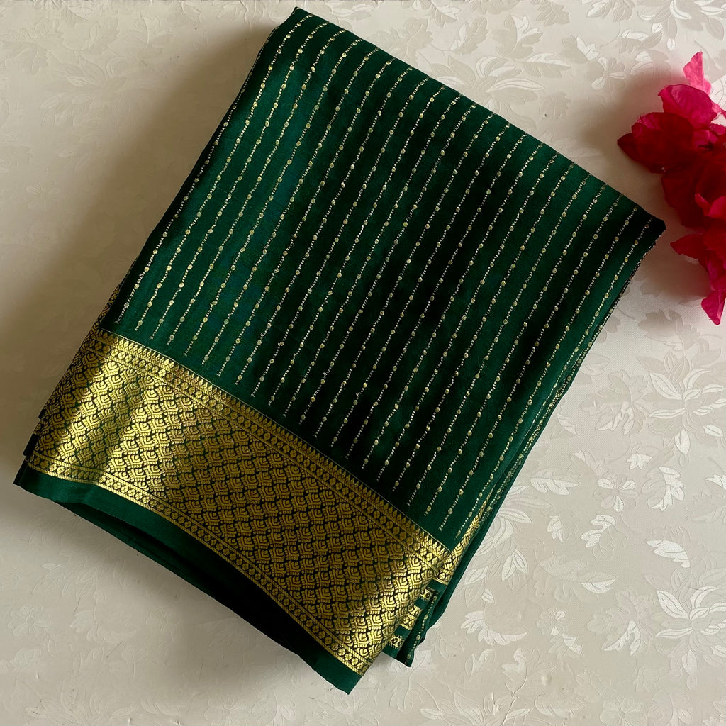 Emerald Green Mysore Crepe Silk Saree With Antique Gold Border