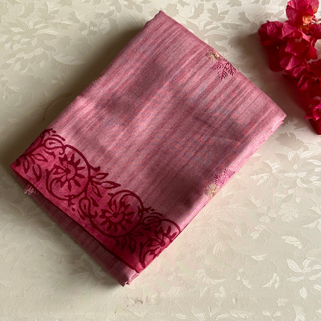 Light Pink Saree with Magenta Floral Border Paisley Gold Threadwork