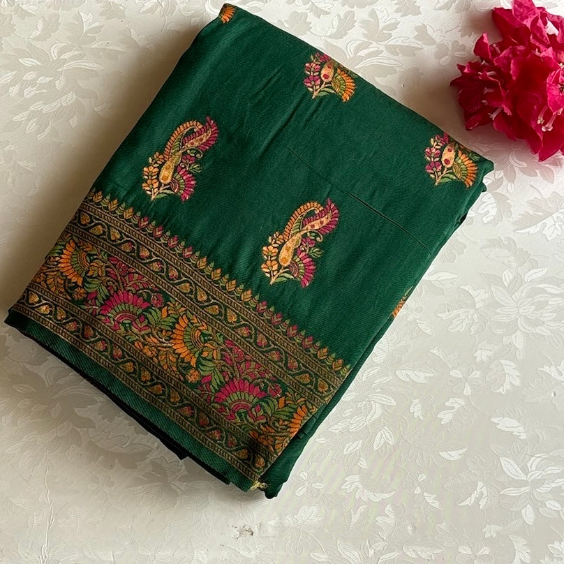 Deep Emerald Green Meenakari(Woven not printed )Soft Tussar Saree With Vibrant Woven Pallu
