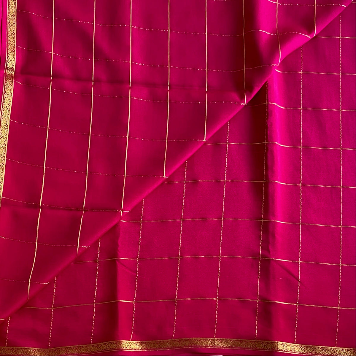 Rani Pink Mysore Crepe Silk Saree With Metallic Gold Zari