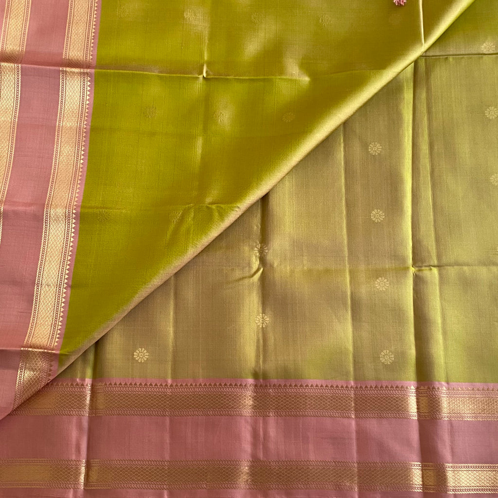 Light  Olive Green Designer Pure Silk Saree With Dusty Rose Pallu