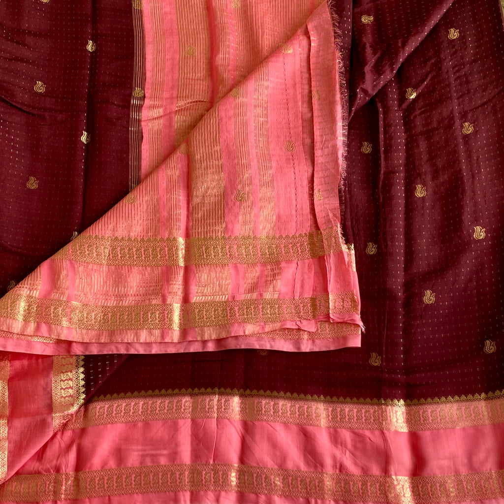 Deep Maroon Soft Tussar Silk Saree With Coral Pink Pallu