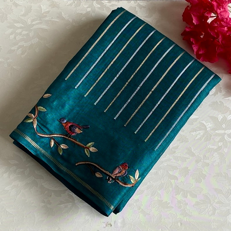 Teal Green Soft Tussar With Stripes & Designer Embroidered Borders