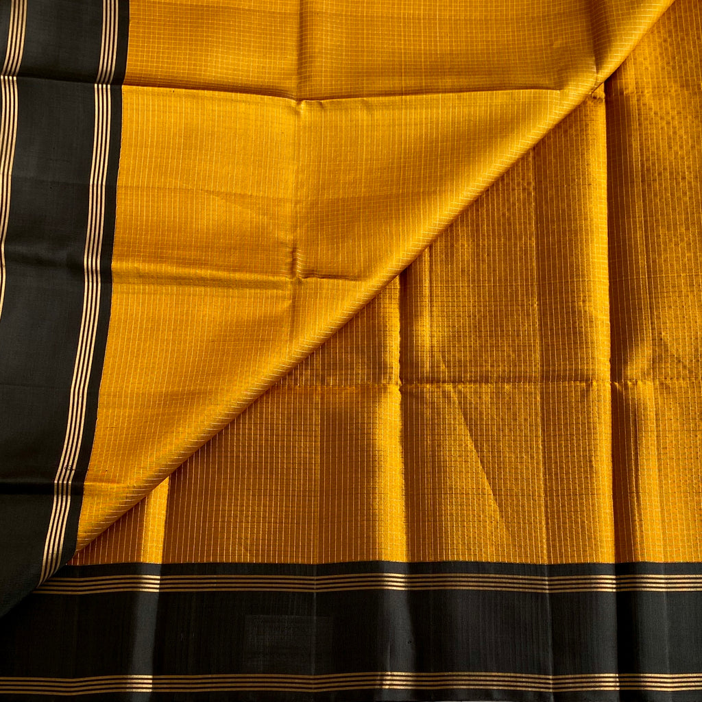 Mustard Gold Designer Pure Silk Saree With Jet Black Pallu