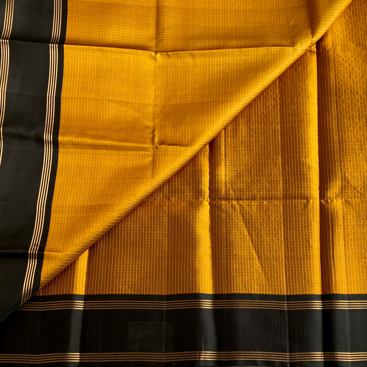 Mustard Gold Designer Pure Silk Saree With Jet Black Pallu