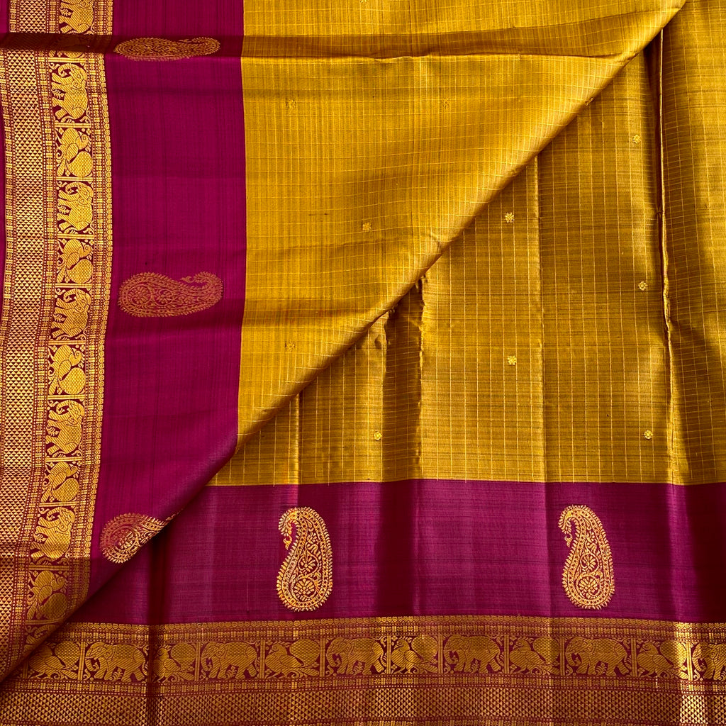 Mustard Gold & Deep Magenta Kanjeevaram Pure Zari Silk With intricate
