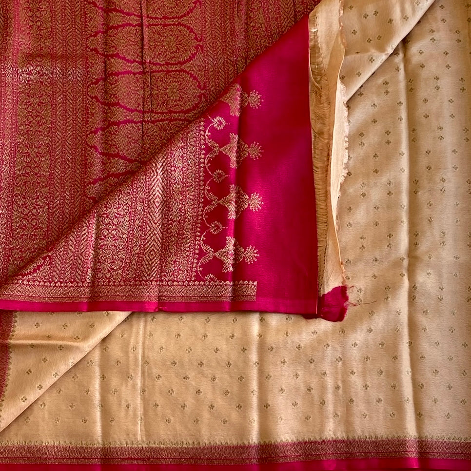 Champagne Beige Banarasi Soft Crepe Silk With Rani Pink Pallu