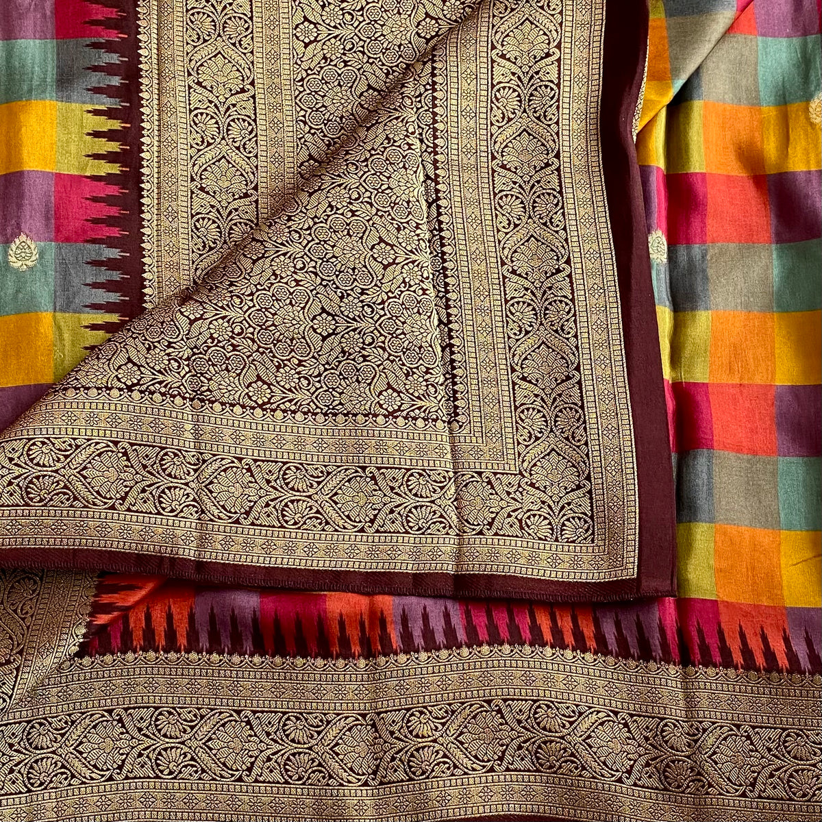 Multicolor Premium Soft Tussar Silk Saree With Antique Gold Pallu And Border
