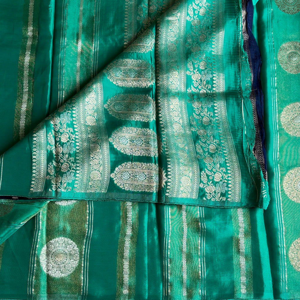Dual Sea Green Soft Designer Crepe Silk Saree With Silver Floral Pallu