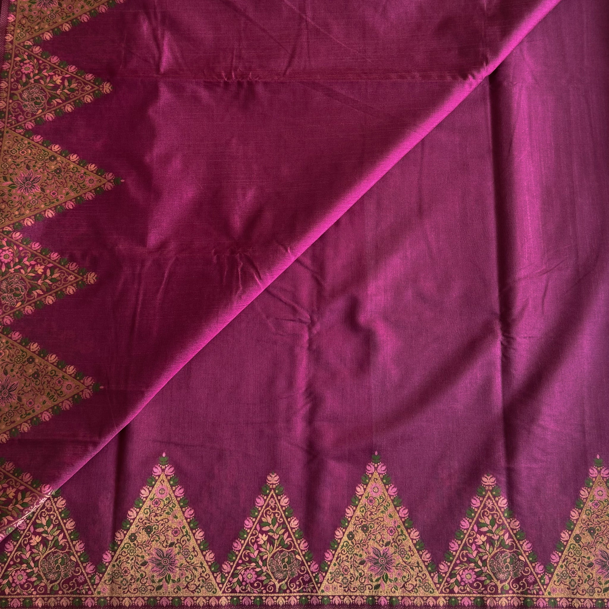 Traditional Magenta Brocade Saree Gold Floral Triangular Border Tassel Pallu