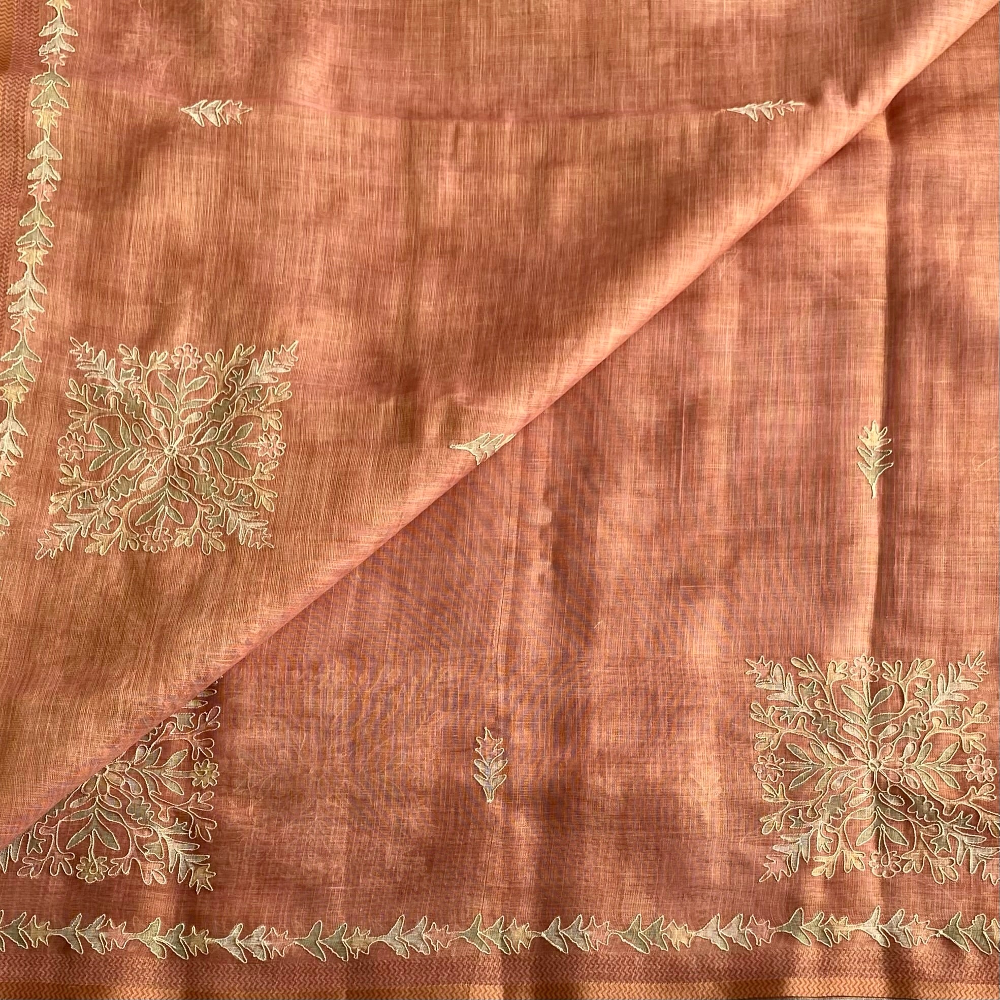 Terracotta Rust Soft Embroidered Linen Saree With Antique Gold Leaf Border
