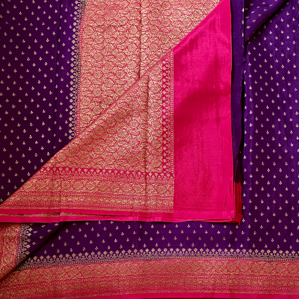Stunner Purple with vibrant rani pink Banarasi soft crepe silk