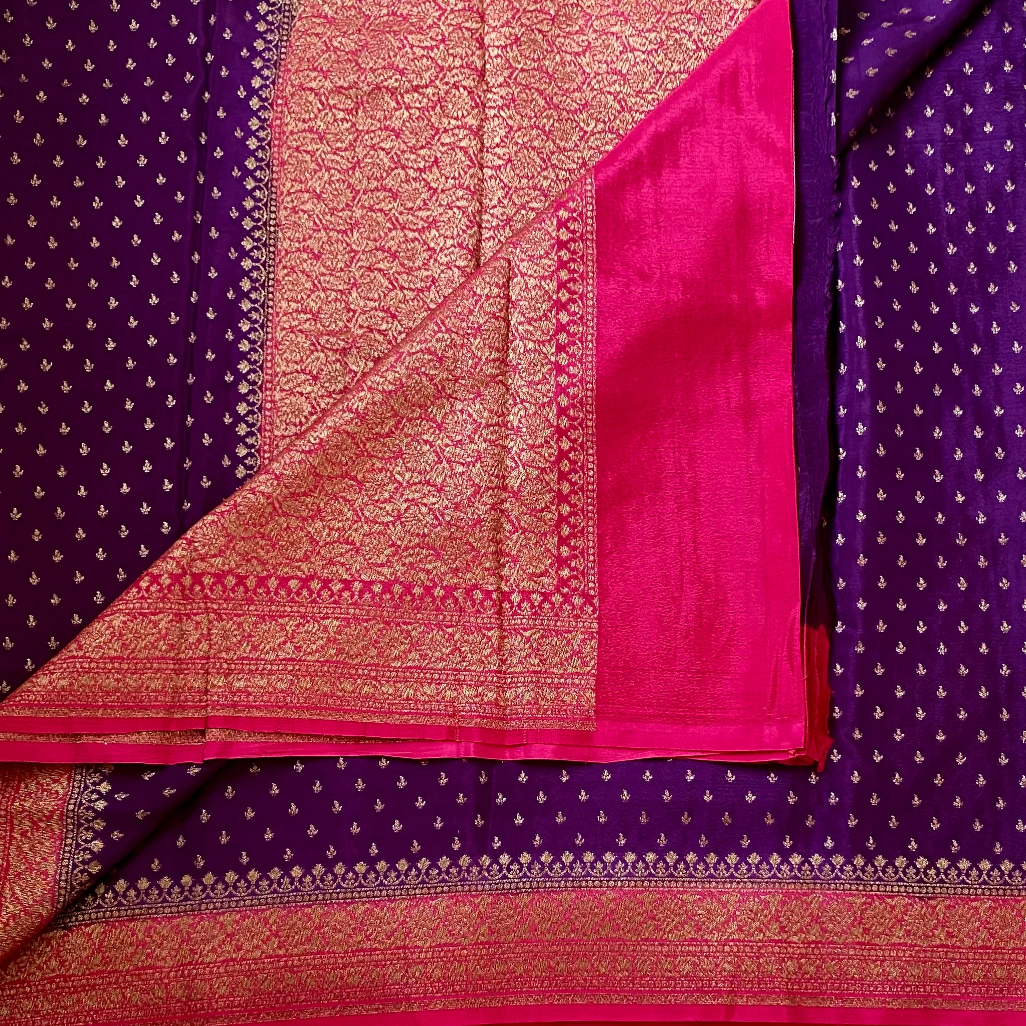 Stunner Purple with vibrant rani pink Banarasi soft crepe silk