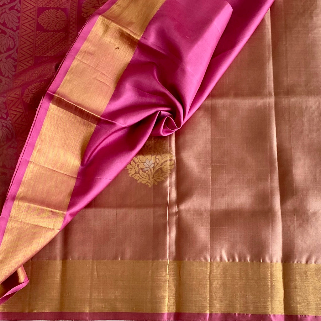 Dusty Rose Designer Pure Silk Saree With Rani Pink Pallu