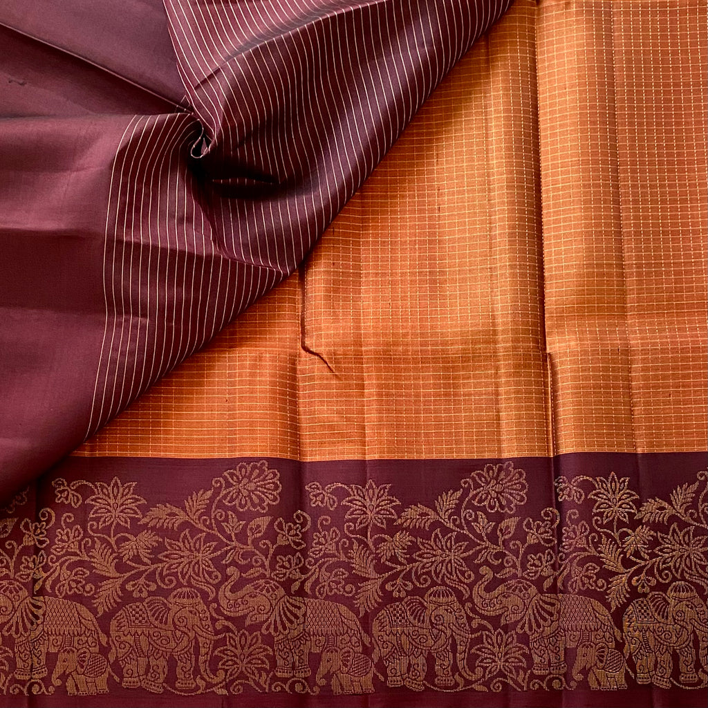 Rust Luxury Designer Pure Silk With Wine Brown Pallu Elephant Border