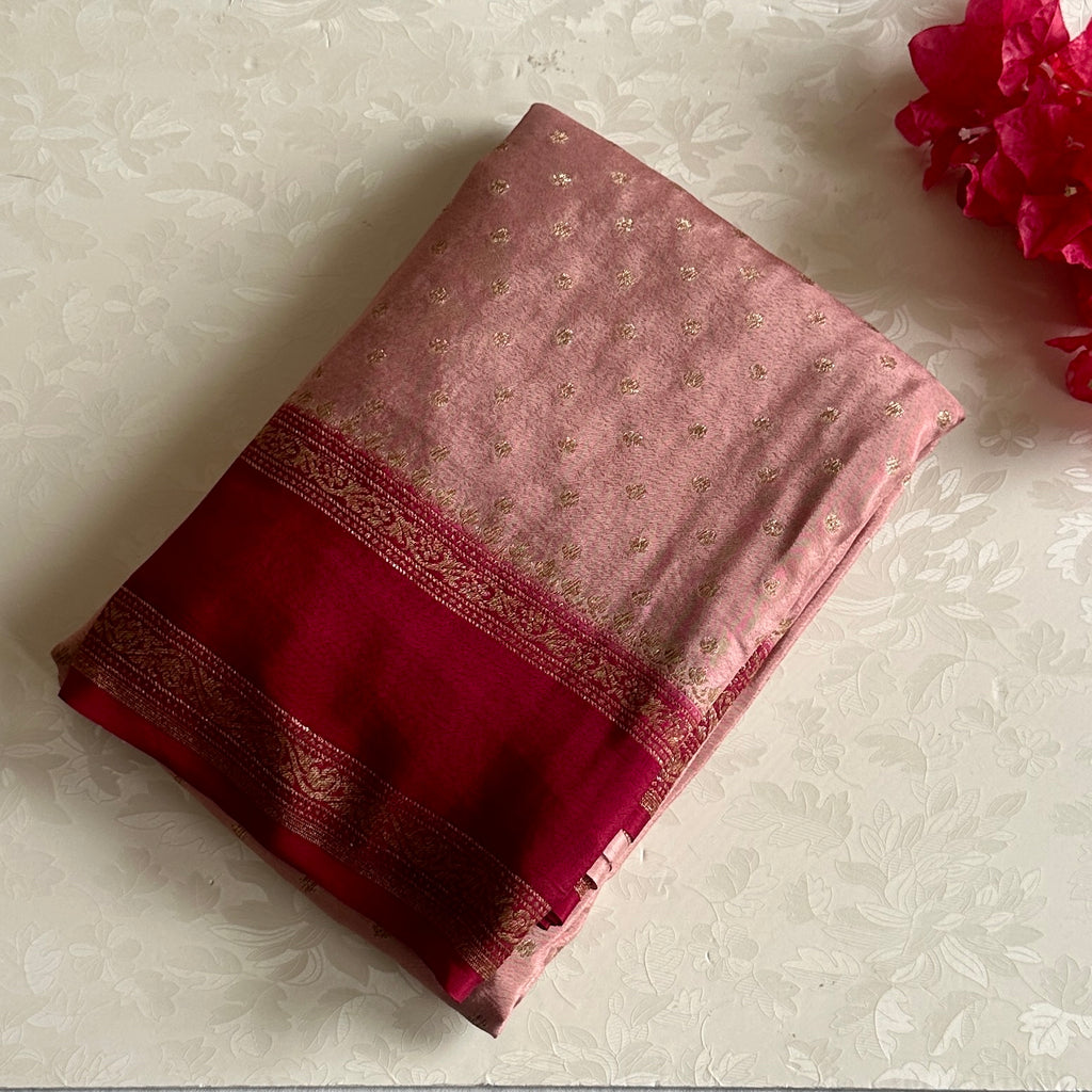 Blush Beige with Maroon Banarasi Crepe Silk Saree With Brocade Border