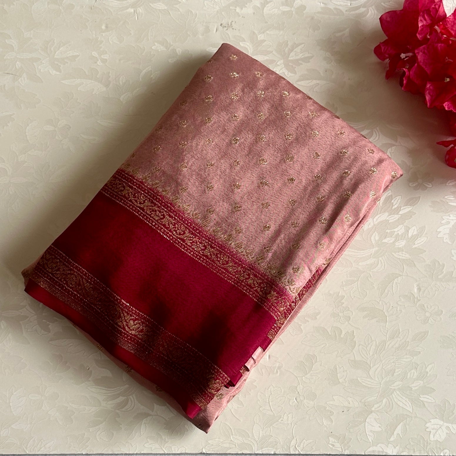 Blush Beige with Maroon Banarasi Crepe Silk Saree With Brocade Border