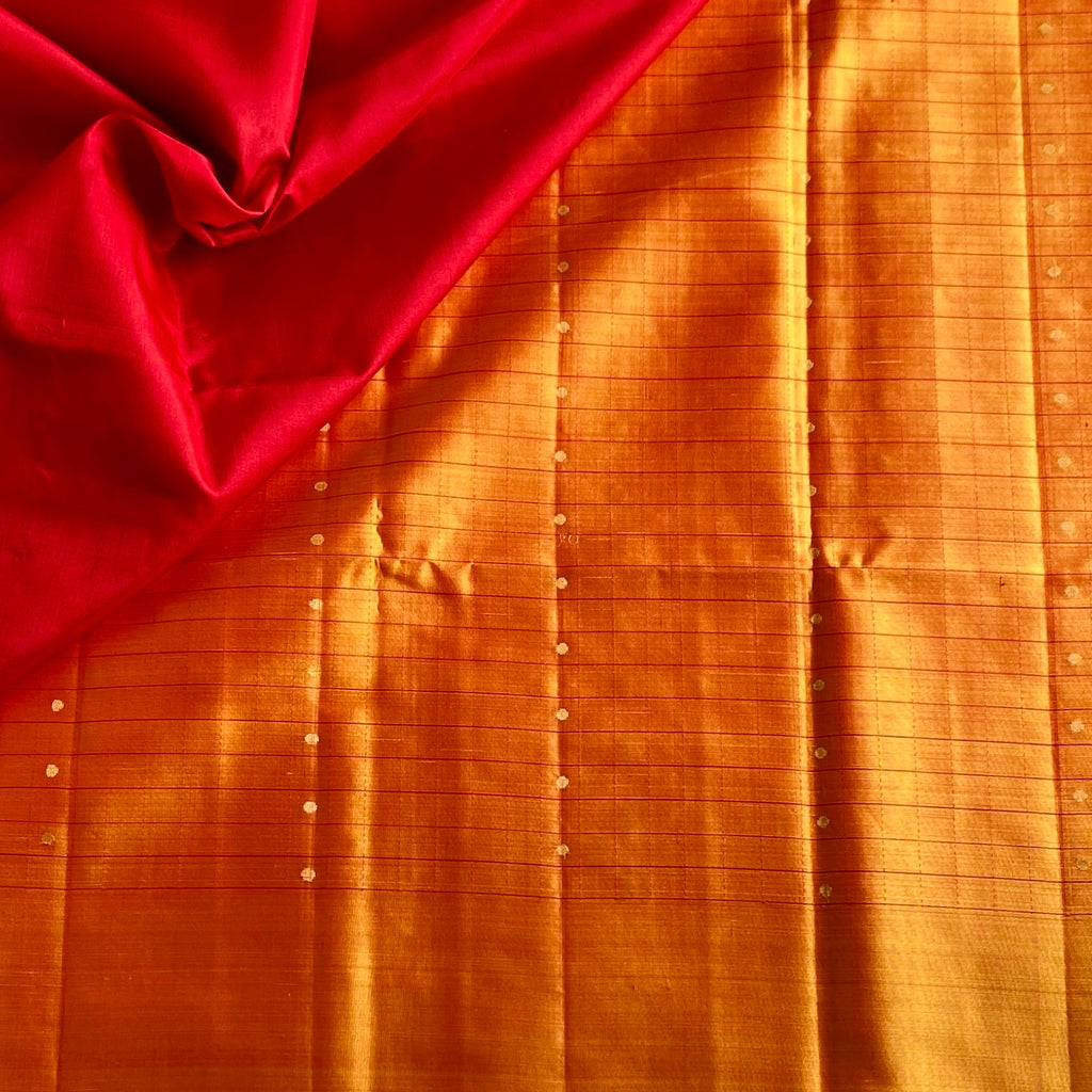 Saffron Orange Designer Pure Silk Saree With Crimson Red Pallu