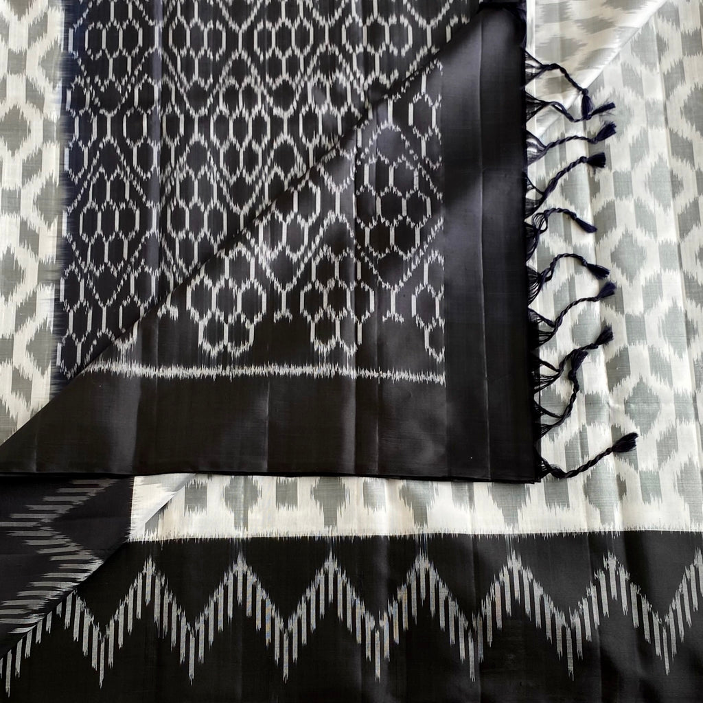 Pearl White And Black Designer Pure Silk Saree With Silver Gray Ikat Border