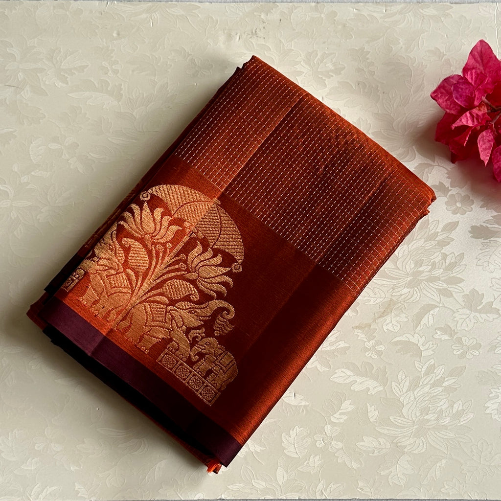 Rust Red Zari Elephant Border Traditional Festive Woven Elegant Saree