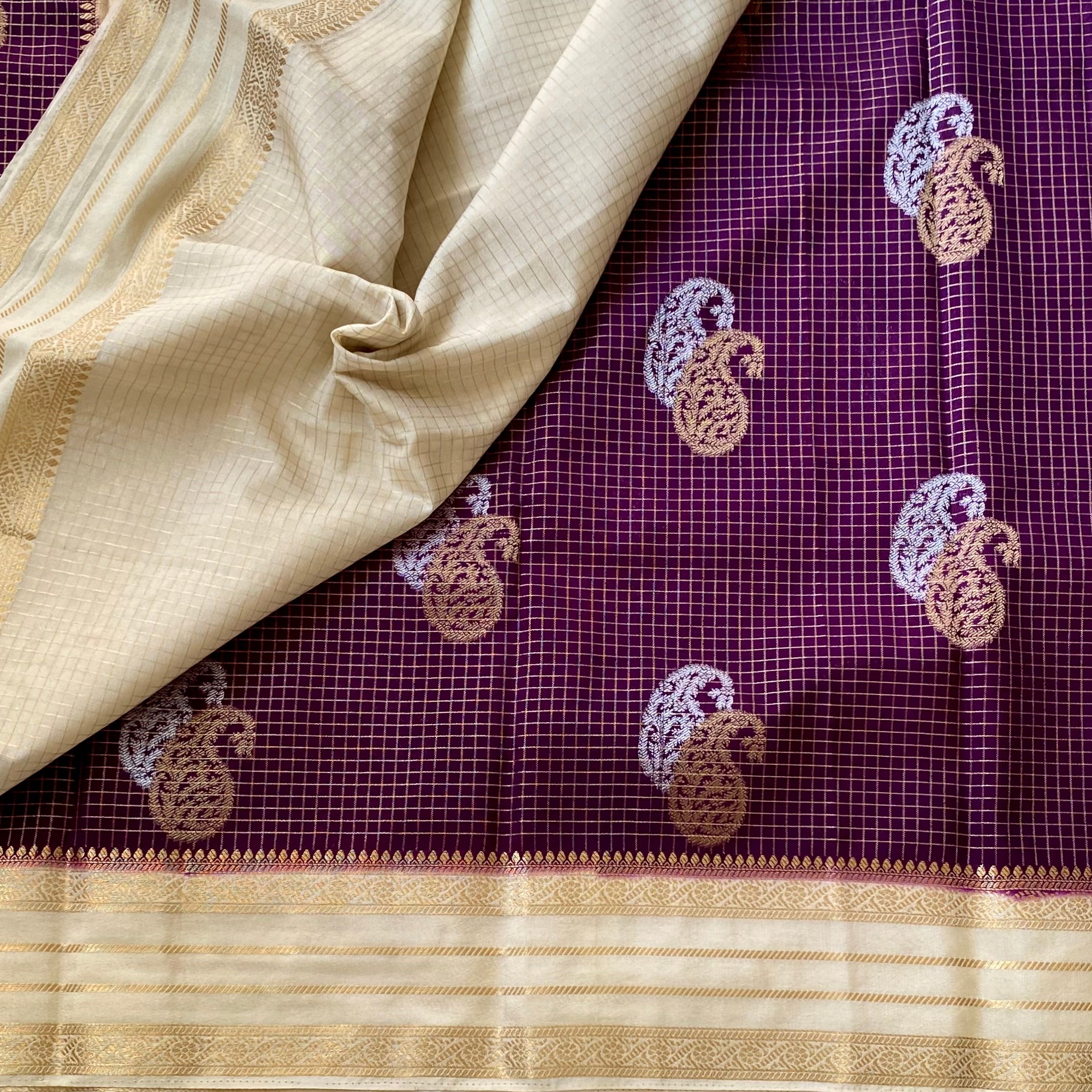 Royal Purple Banarasi Saree With Ivory Gold Pallu And Zari