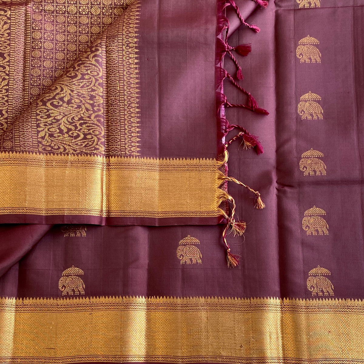 Deep Plum Designer Pure Silk Saree With Antique Gold Elephant Pallu