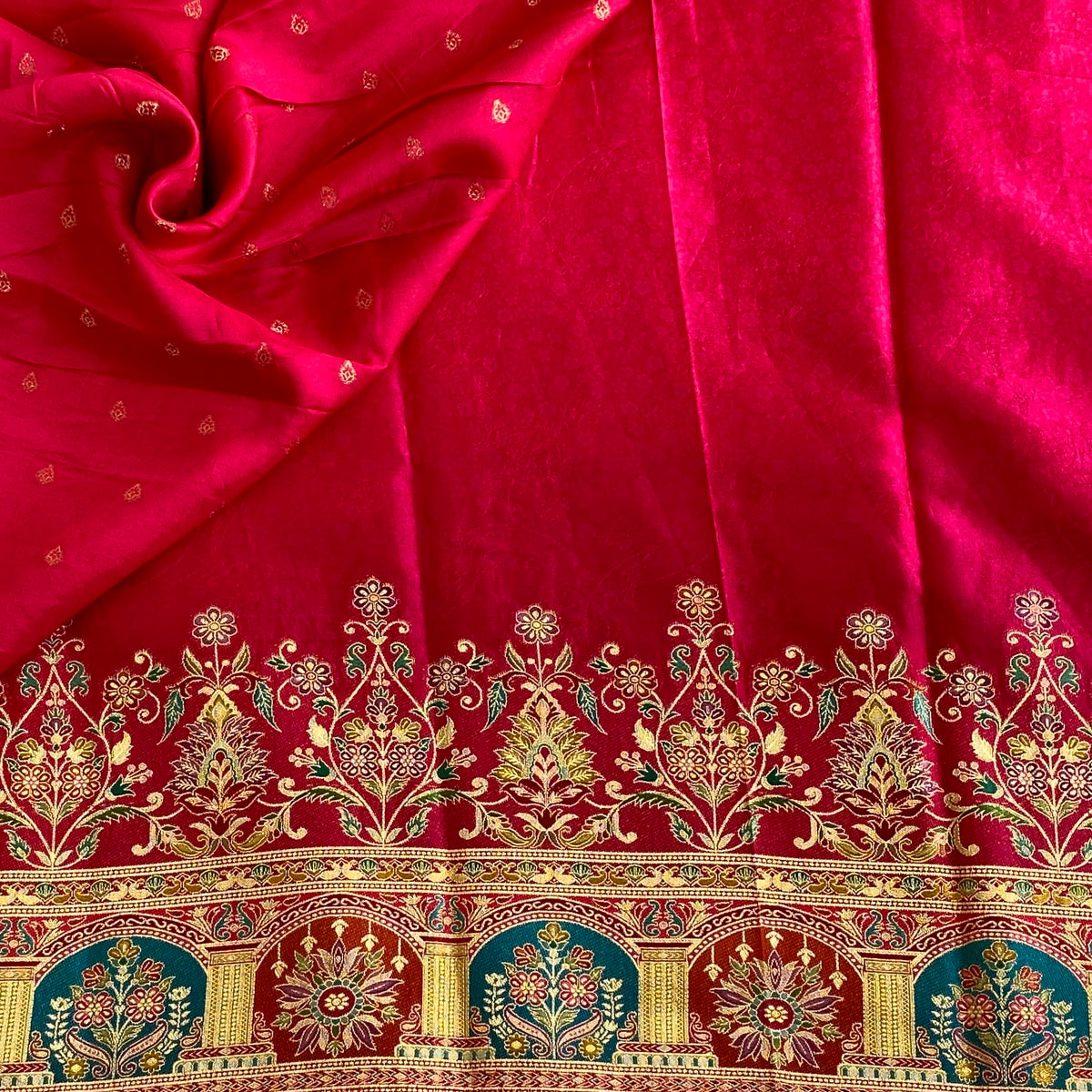 Cherry Pink Soft Crepe Silk Saree With Teal Blue Accents