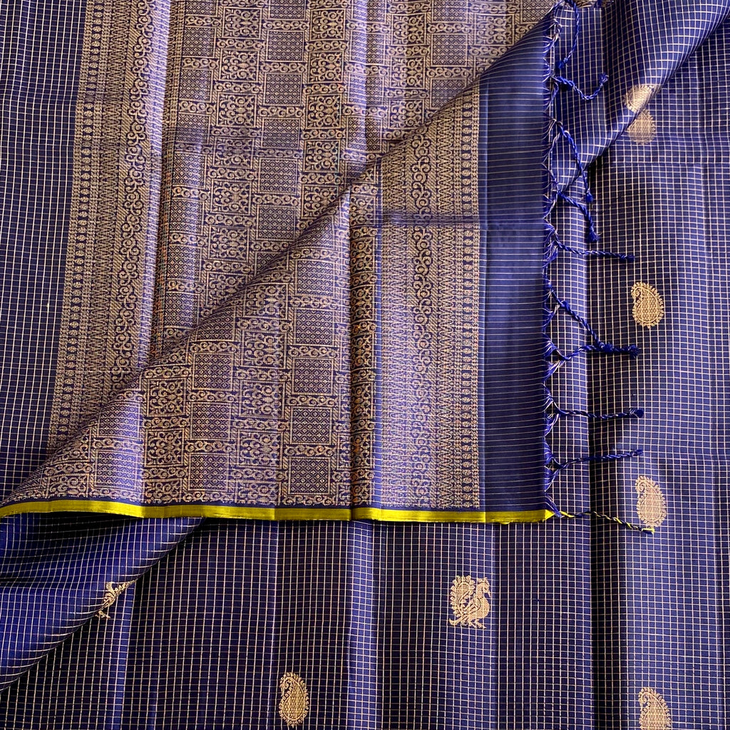 Midnight Navy Designer Micro Checkered Pure Silk Saree With Metallic Gold Motifs