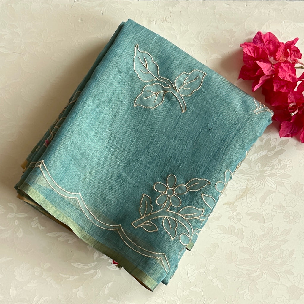 Teal Embroidered Sheer Saree with Scalloped Border and Tassels