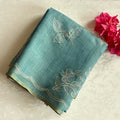 Teal Embroidered Sheer Saree with Scalloped Border and Tassels