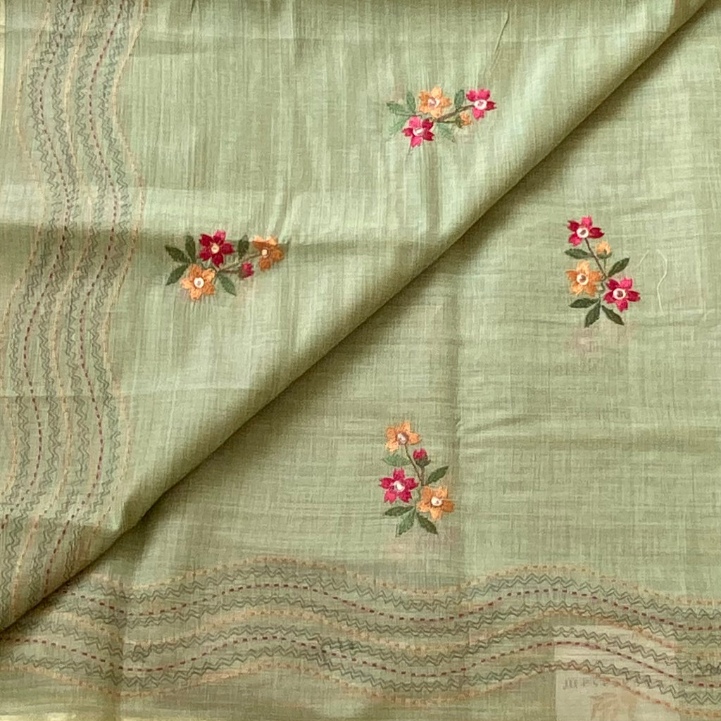 Pistachio Green Floral Embroidered Saree with Tassel Border Antique Gold