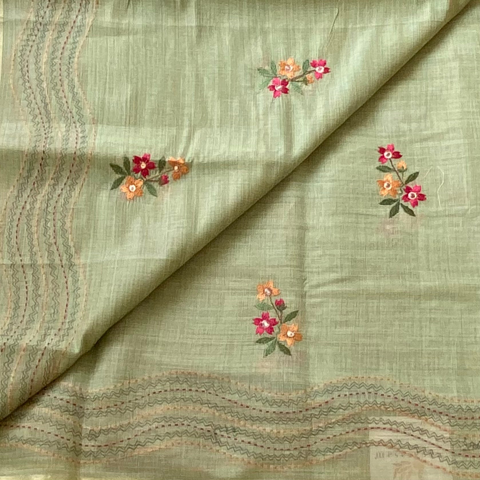 Pistachio Green Floral Embroidered Saree with Tassel Border Antique Gold