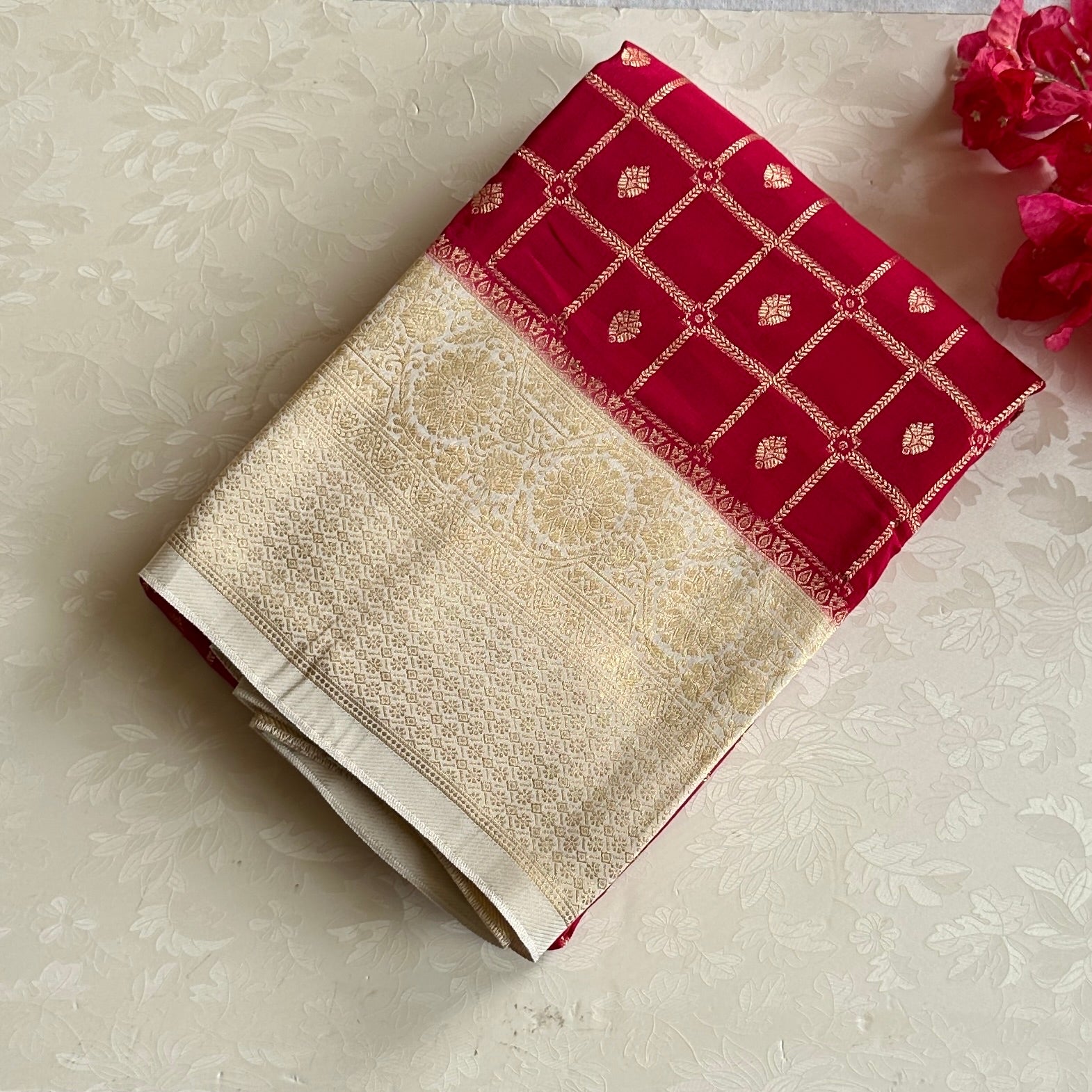 Cherry pink with Ivory checkered soft crepe silk beauty