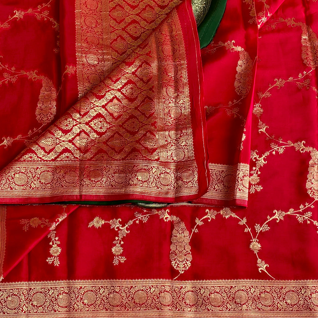Scarlet Red Soft Crepe Silk Saree With Antique Gold Brocade Border