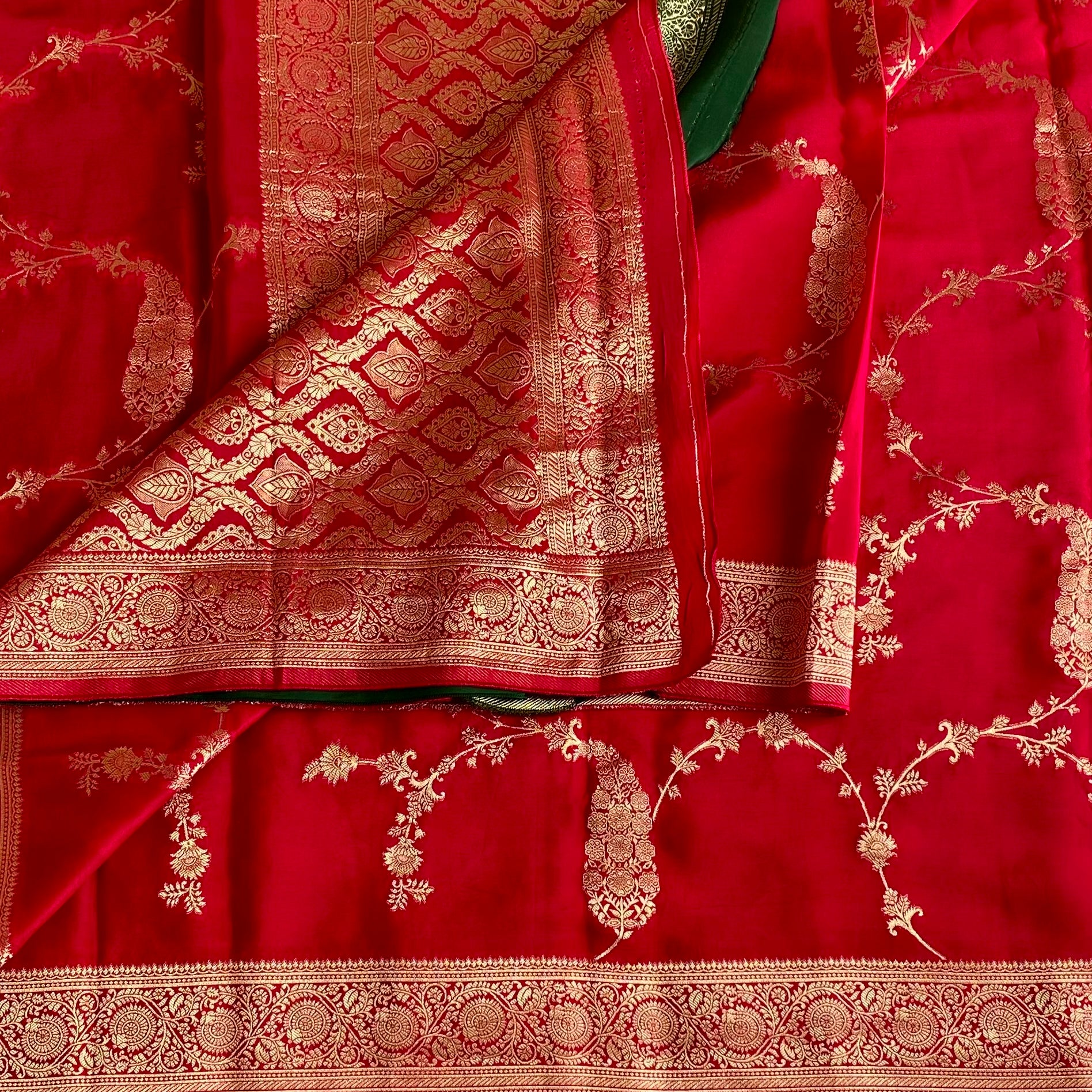 Scarlet Red Soft Crepe Silk Saree With Antique Gold Brocade Border