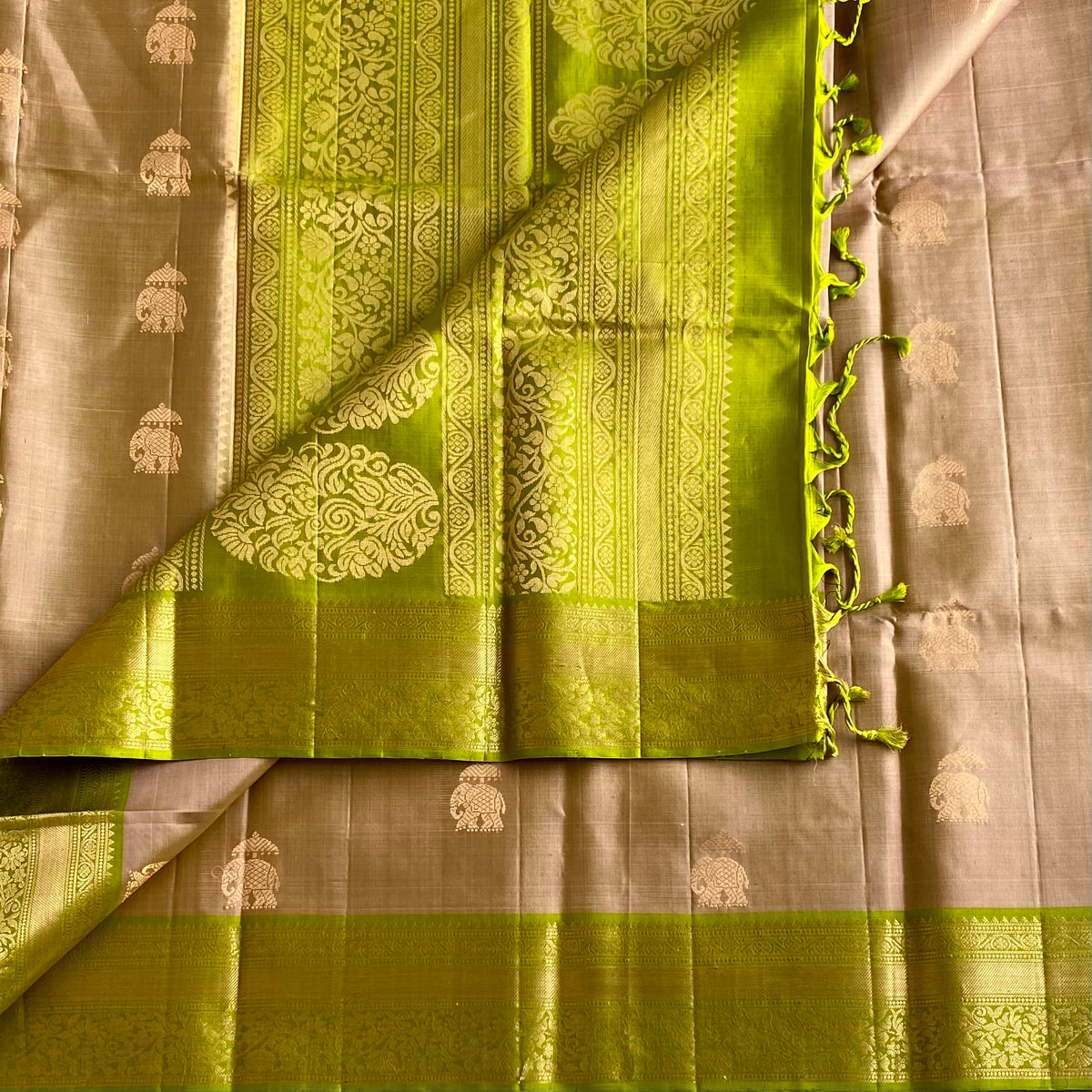 Subtle Golden Beige Designer Pure Silk Saree With Chartreuse Green Pallu