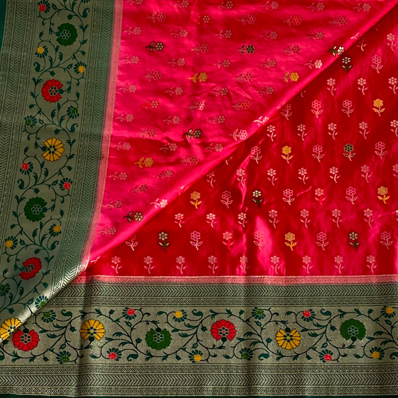 Magenta Silk Banarasi Saree With Emerald Green Brocade Paisley Border