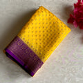 Sunflower Yellow Banarasi Crepe Silk Saree Royal Purple Pallu