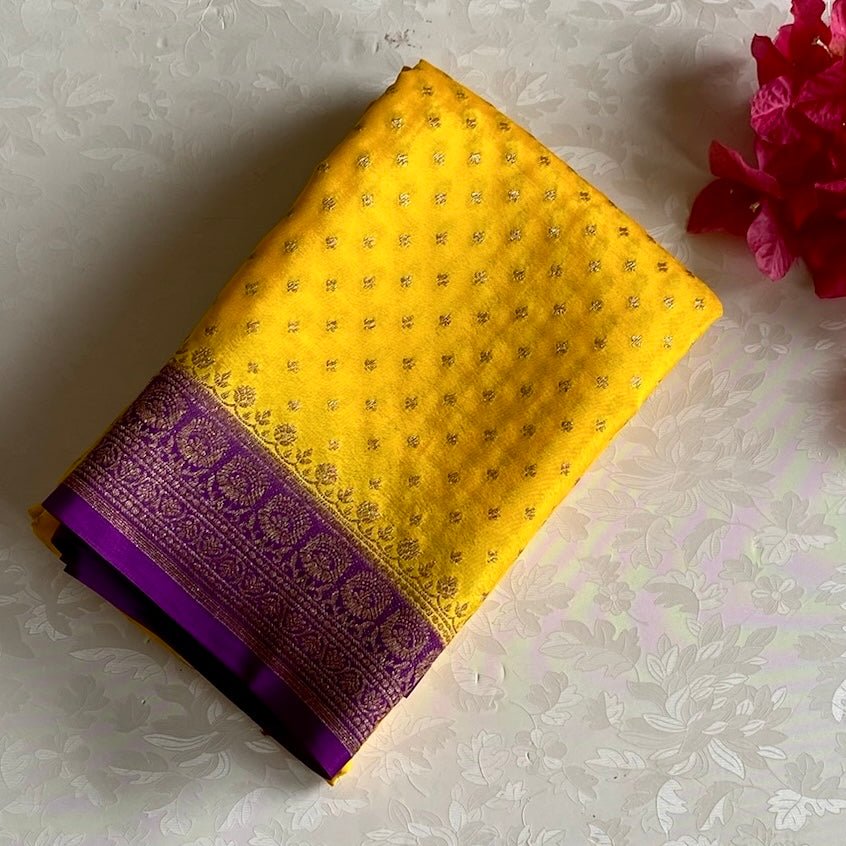 Sunflower Yellow Banarasi Crepe Silk Saree Royal Purple Pallu