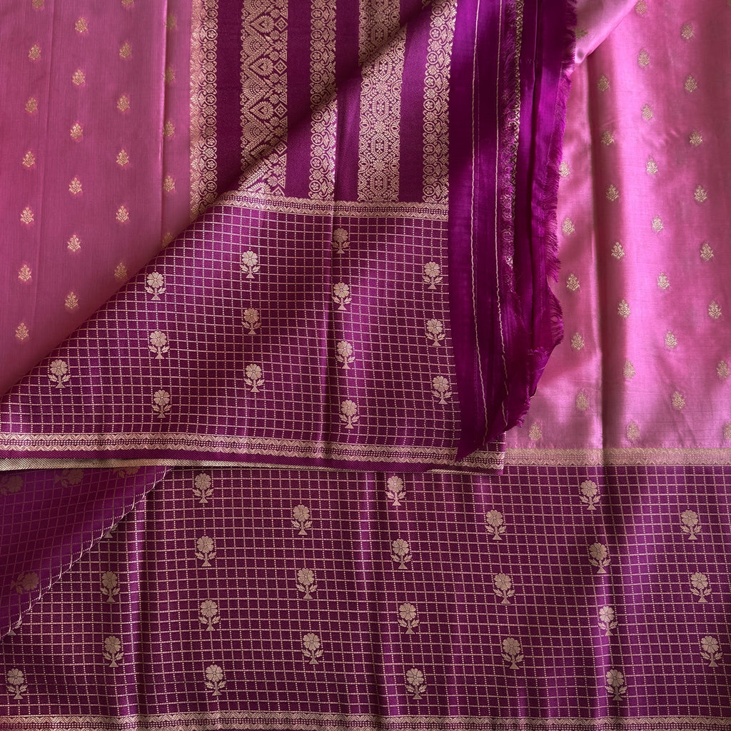 Rose Pink Silk Saree Magenta Pallu Gold Zari Checked Border