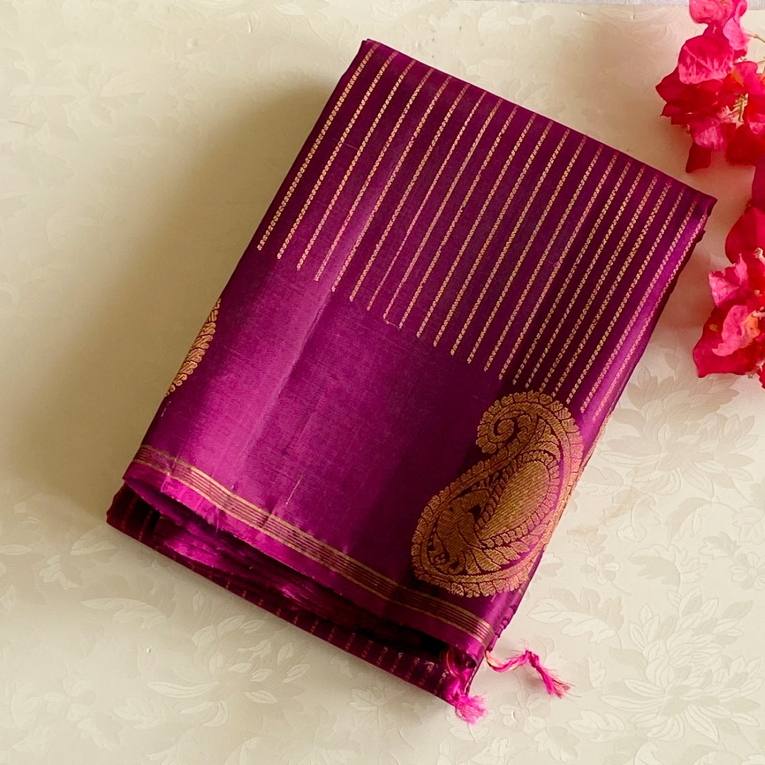 Magenta Silk Saree Antique Gold Zari Diamond Buta Paisley Border