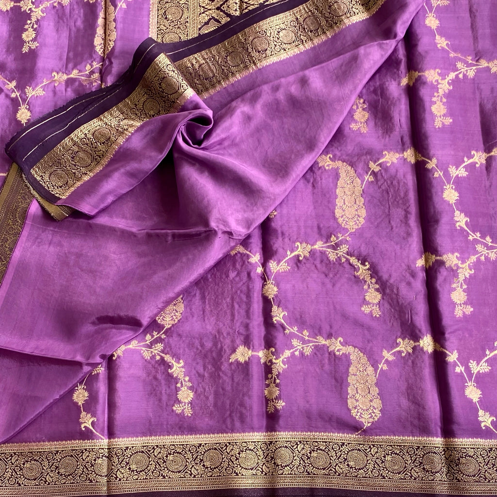 Bright Violet Soft Tussar Silk Saree With Zari Gold Pallu