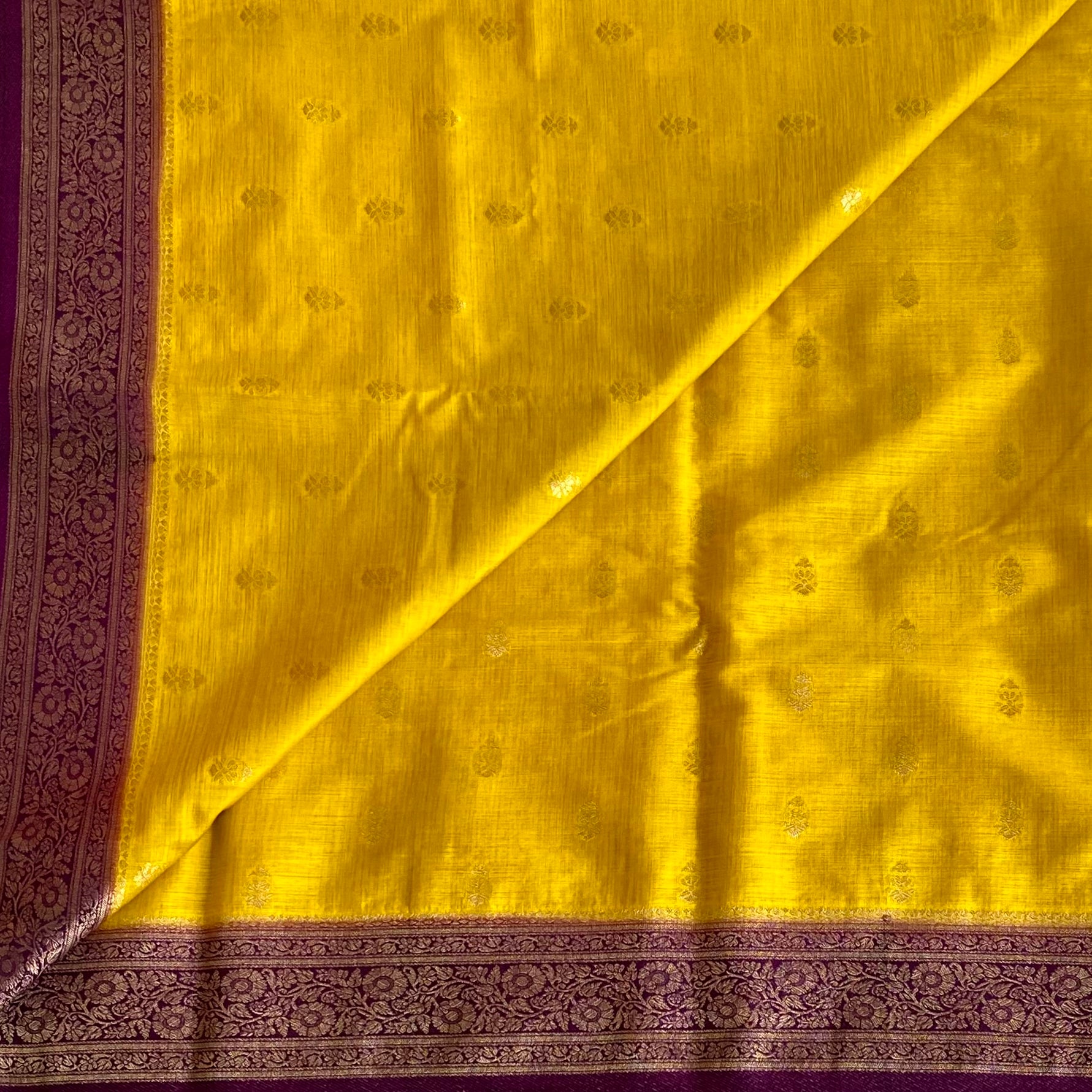 Yellow Purple Silk Saree Gold Buti Floral Border Tassel Pallu