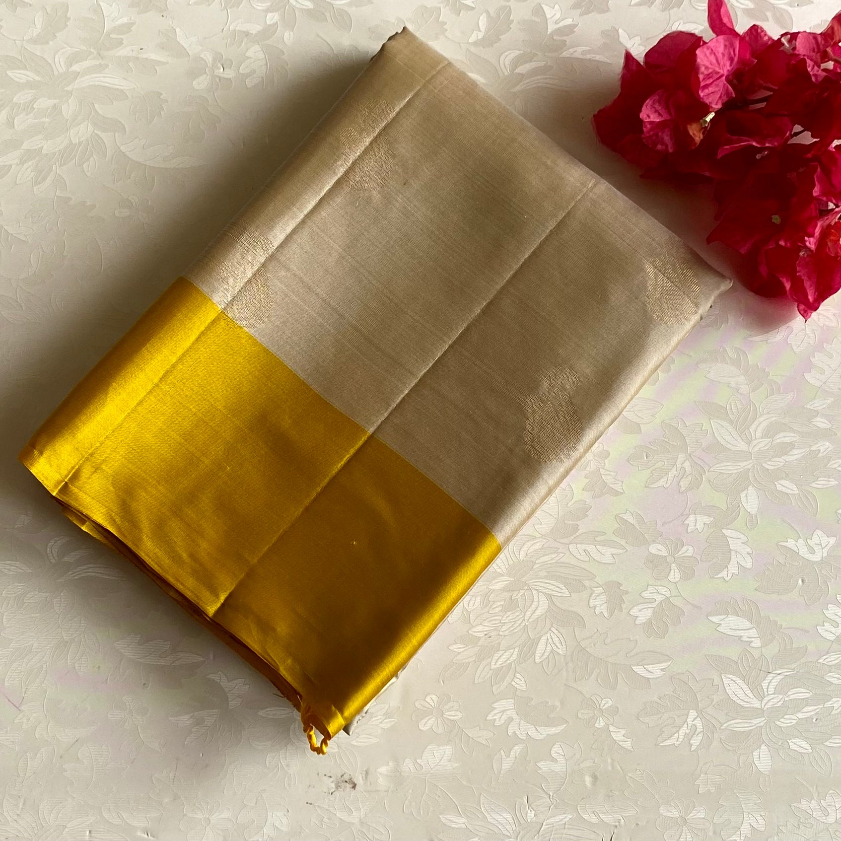 Soft Champagne Beige Designer Pure Silk Saree With Mustard Yellow Border