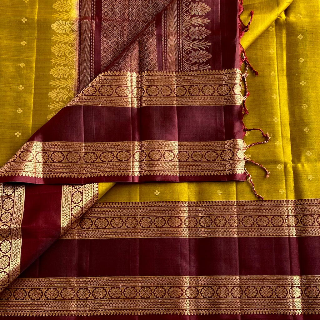 Mustard Yellow Designer Pure Silk Saree With Burgundy Maroon Pallu