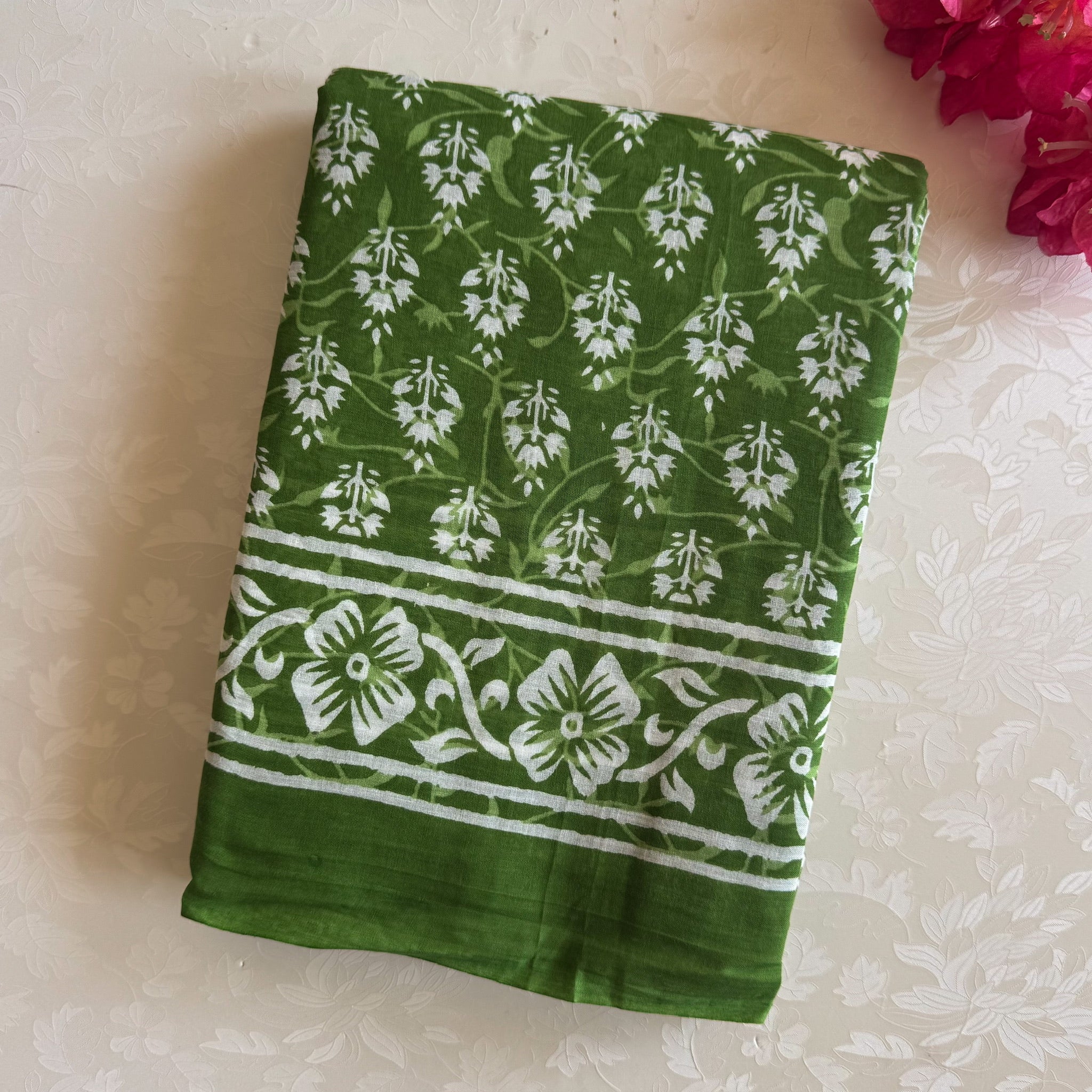 Leaf Green Cotton Block Print Saree With White Floral Tree Motifs