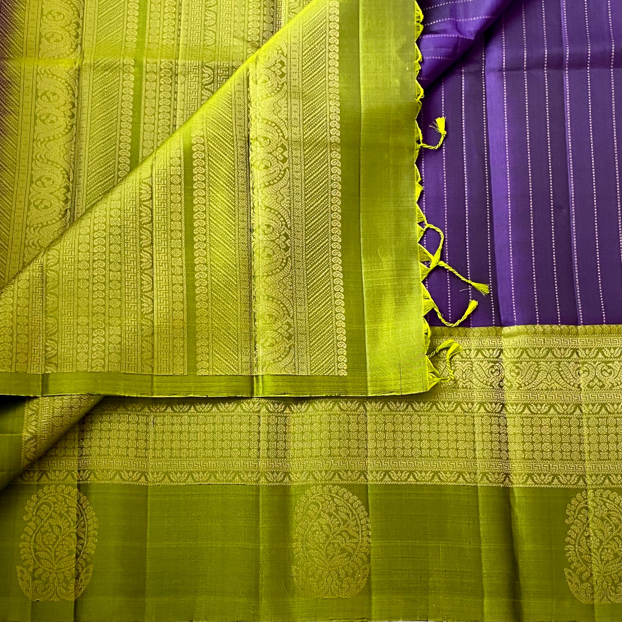 Purple Chartreuse Zari Paisley Silk Saree For Festive Traditional Events