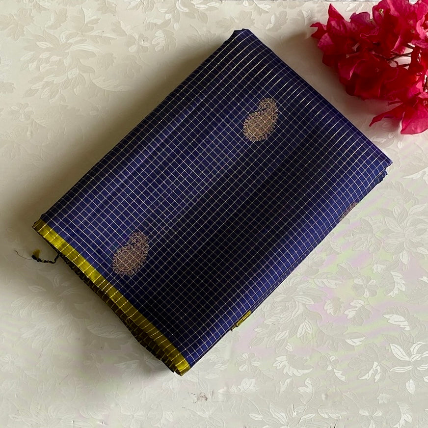Midnight Navy Designer Micro Checkered Pure Silk Saree With Metallic Gold Motifs