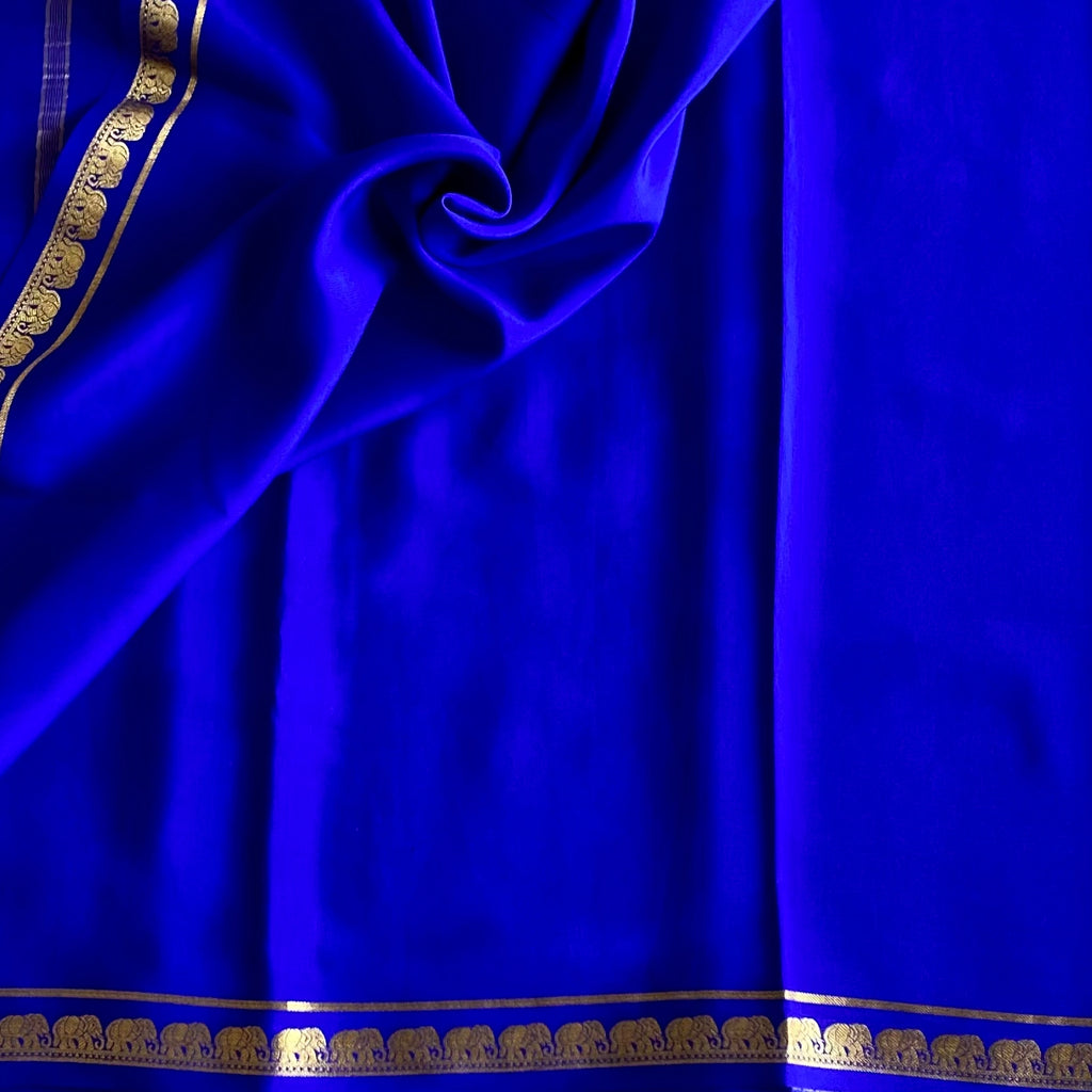 Royal Blue Mysore Crepe Silk Saree With Antique Elephant And Gold Border